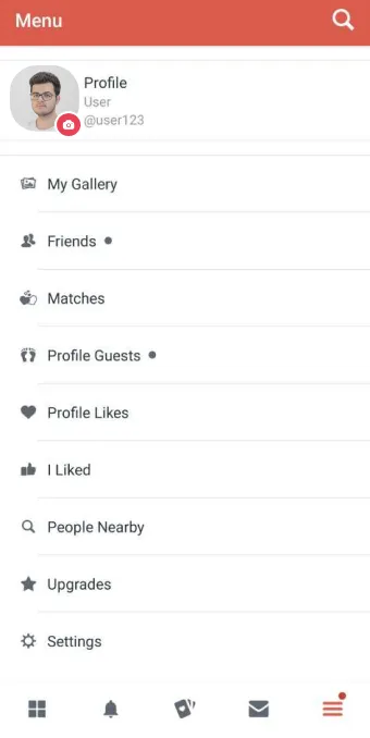 Tinder clone app menu screen
