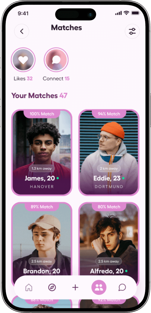 Hinge clone likes and matches screen