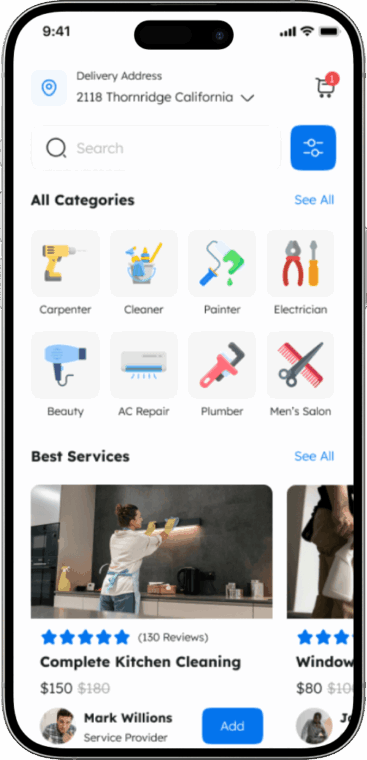 Home services app customer home screen with categories and bookings