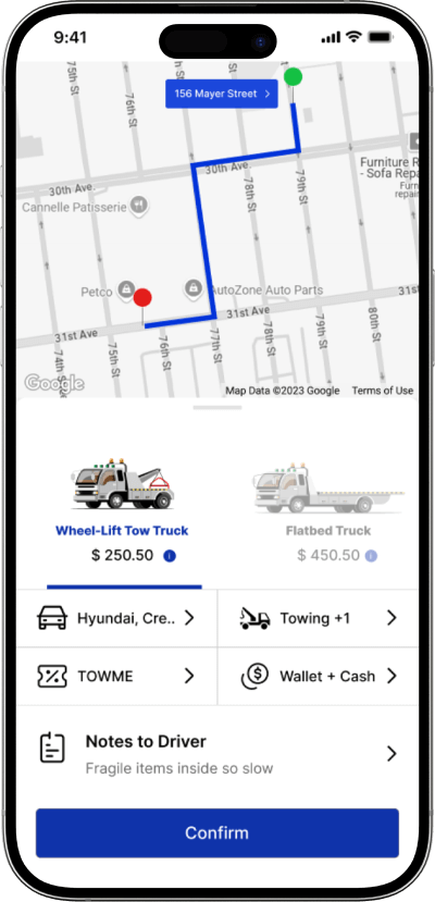 Uber for tow truck booking a truck screen