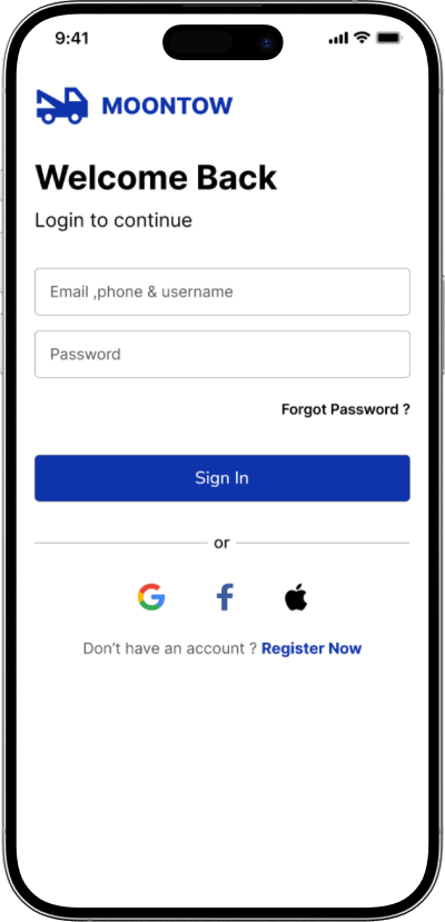Uber for tow truck login screen