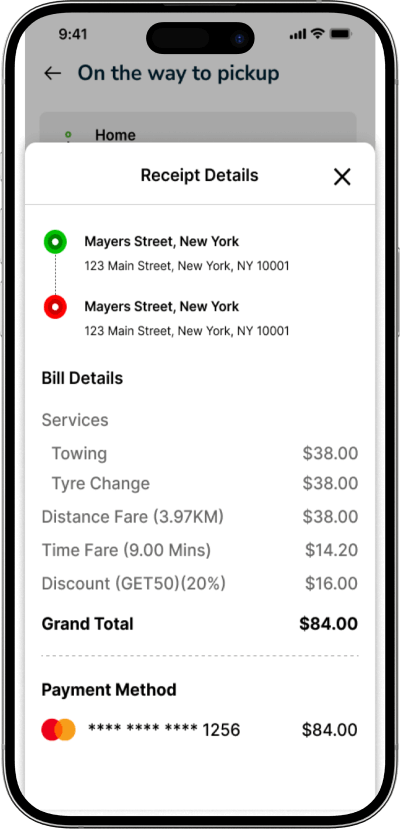 Uber for tow truck receipt screen