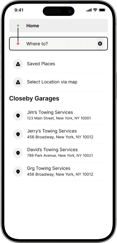 Uber for tow truck service location setting screen