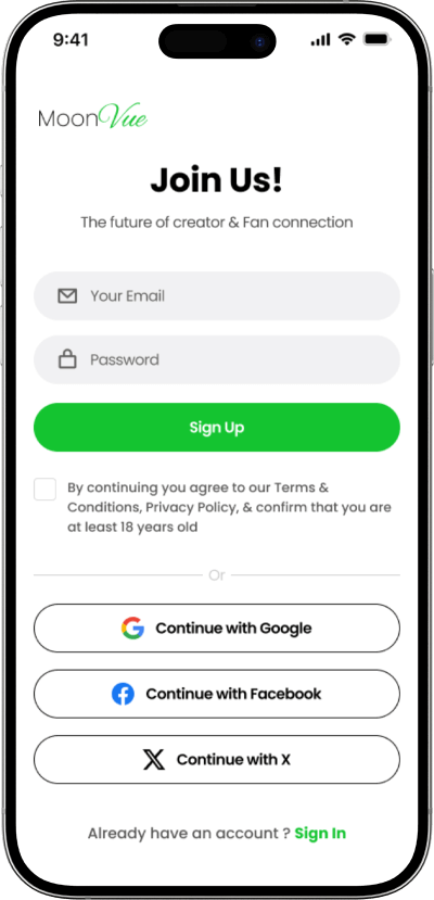 Fanvue clone sign up screen