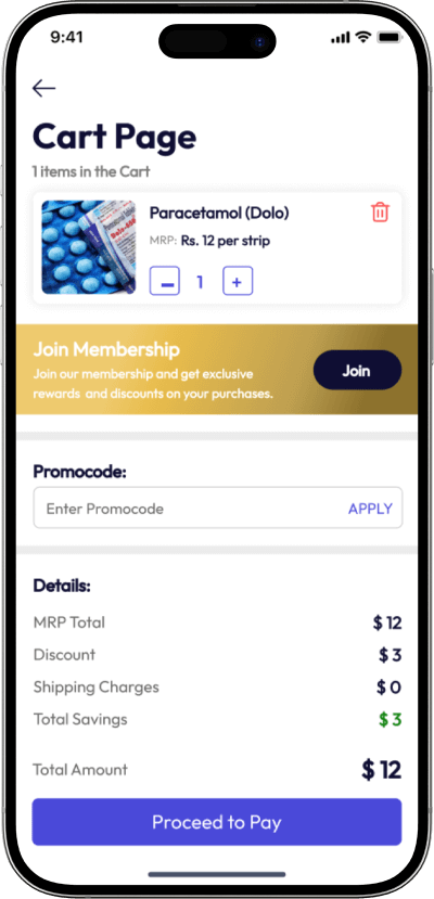 Medicine delivery app cart screen