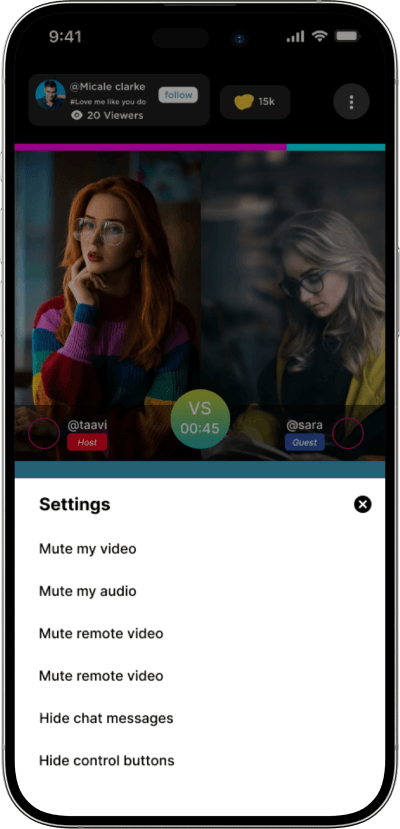 Periscope clone live stream settings screen