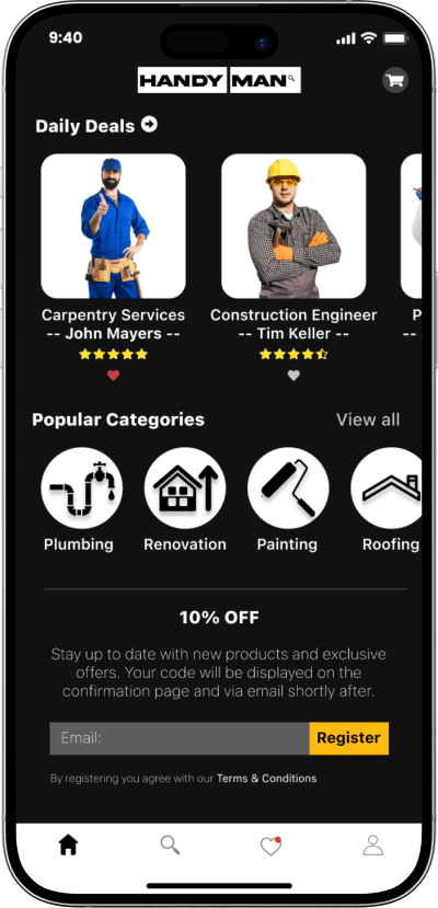 Uber for handyman app homescreen