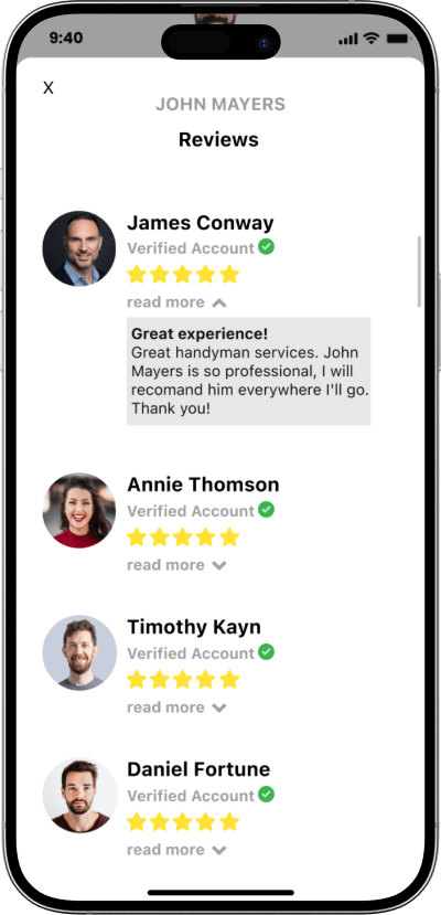Uber for handyman app reviews screen