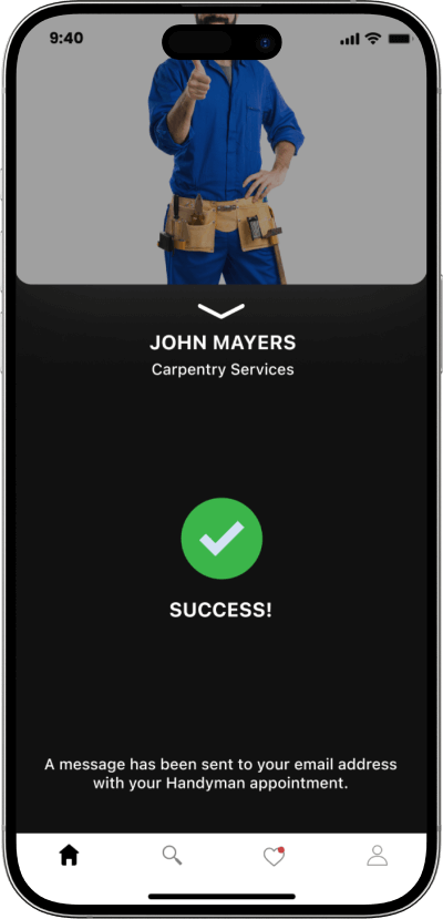 Uber for handyman app service booking success screen