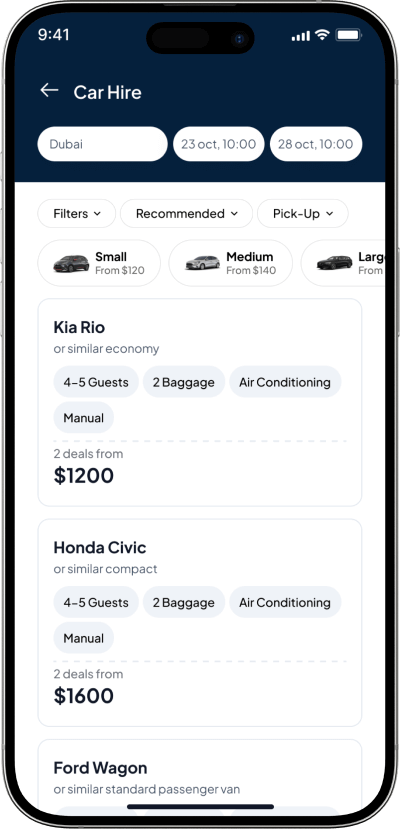 Skyscanner clone available cars to rent screen