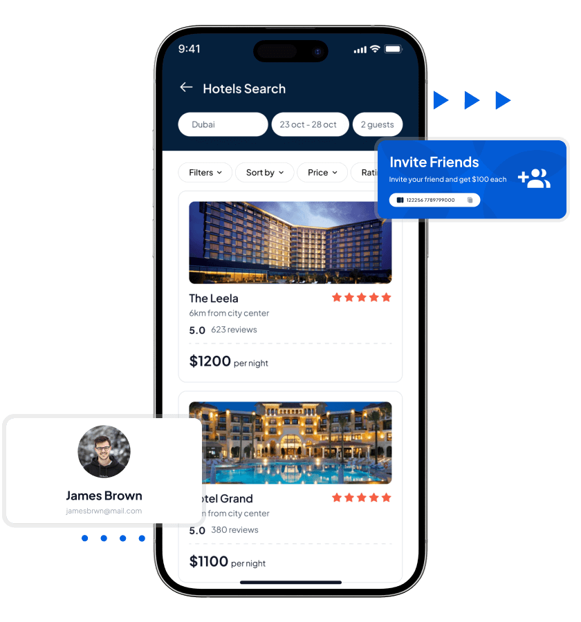 Skyscanner clone search hotels and invite friends feature