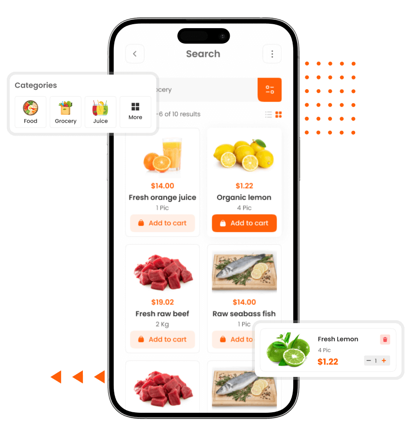 Talabat clone easy grocery item search, available categories, and item details feature
