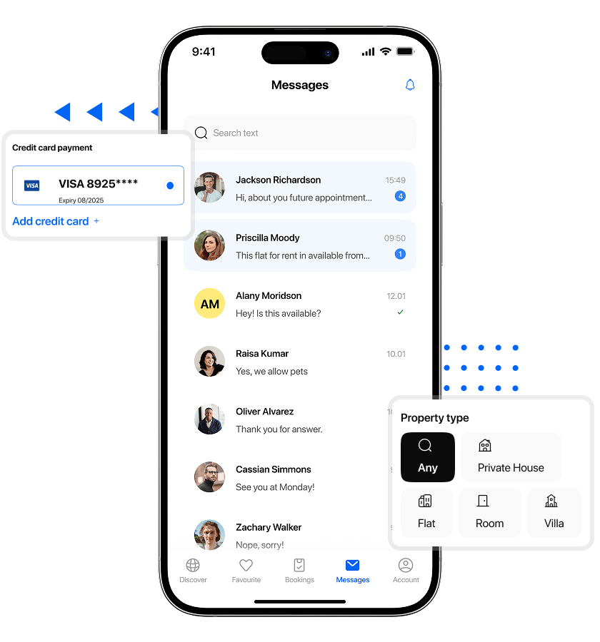 Blueground clone message, property type, and payment features