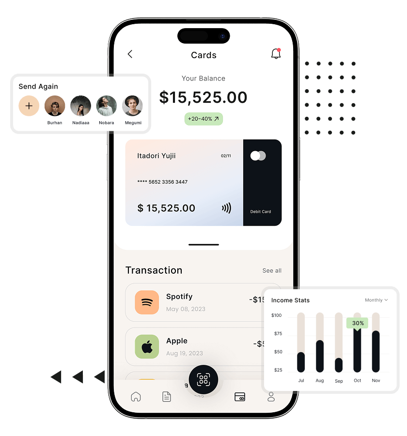 Venmo clone card balance and income-expense graph features