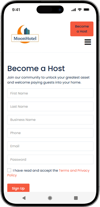 Hotel booking script sign up as host screen