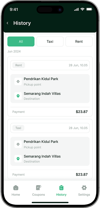 Taxi booking script booking history screen