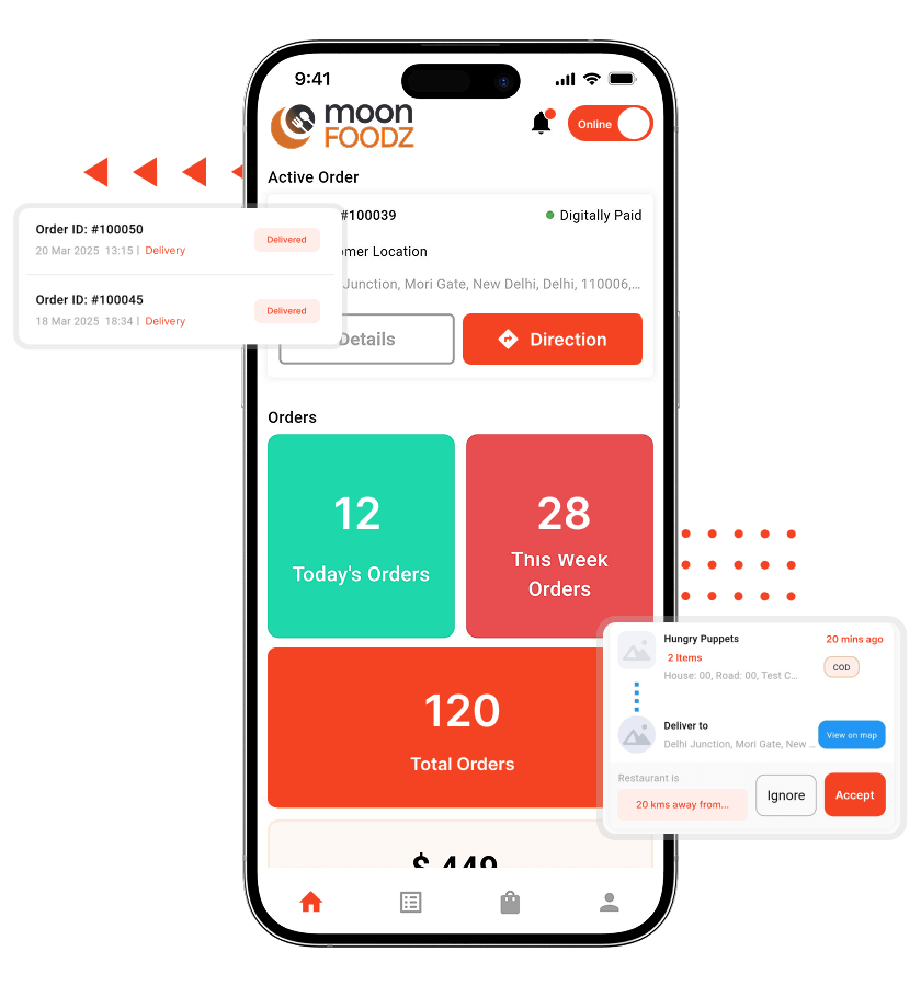 Doordash clone delivery driver dashboard and order accept or reject features
