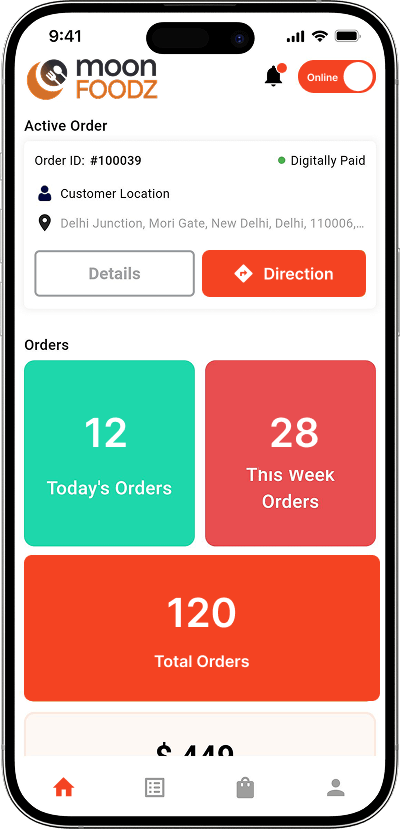 Doordash clone delivery driver dashboard screen