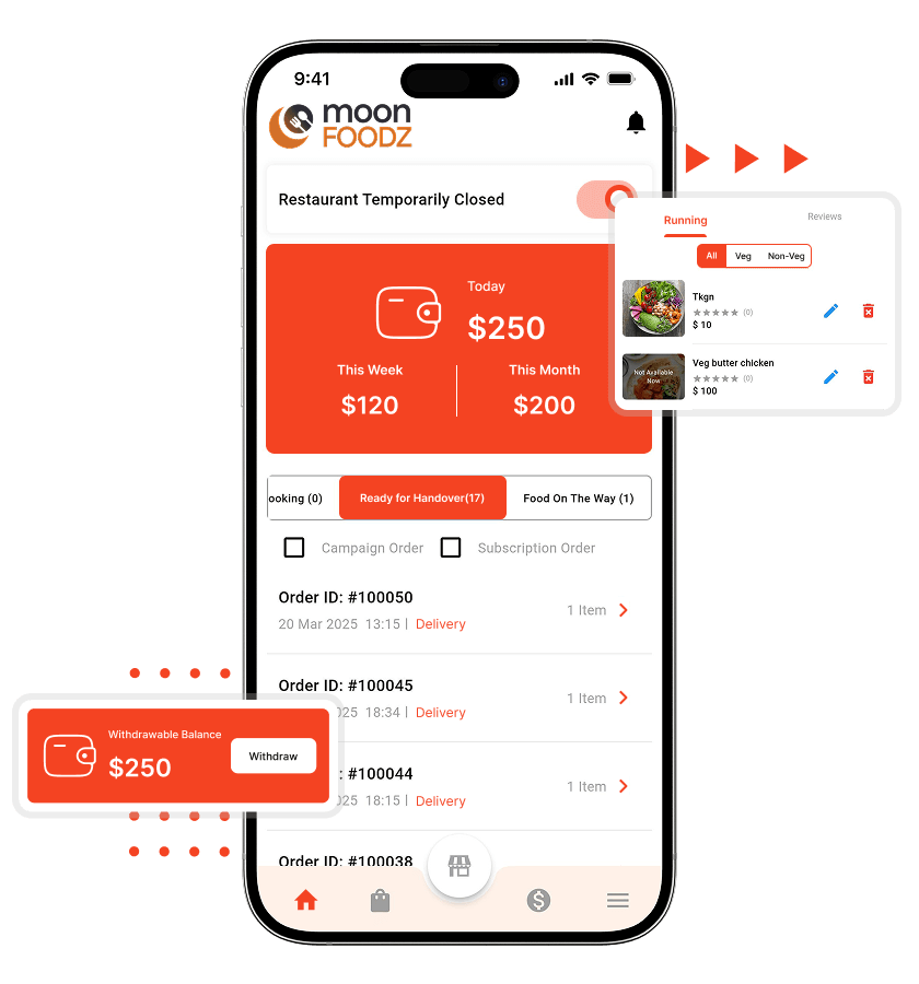 Doordash clone restaurant order dashboard and menu management features