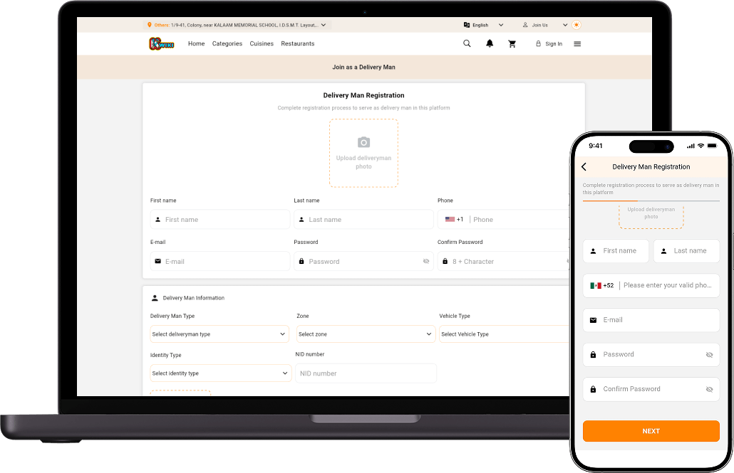 Kwiki food delivery app join as a delivery man form screen