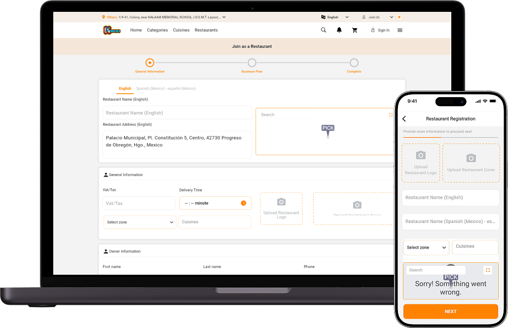 Kwiki food delivery app join as a restaurant form screen