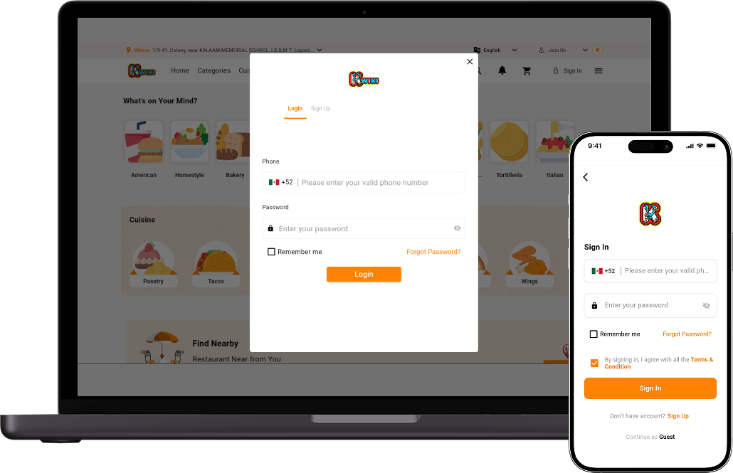 Kwiki food delivery app login screen