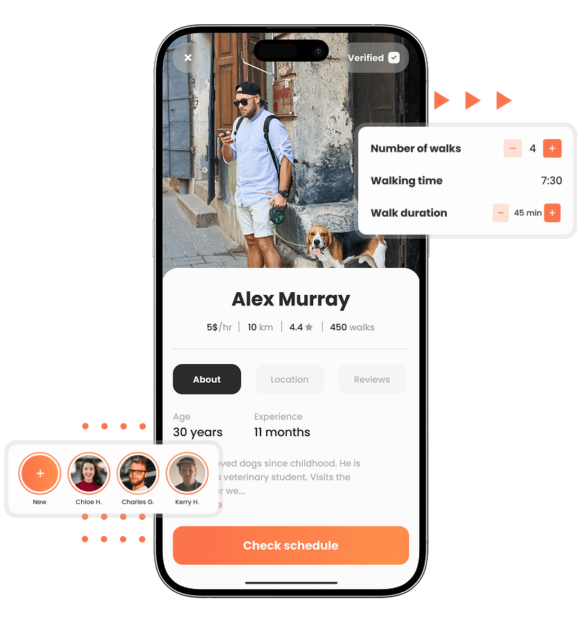 Uber for Dog Walking app detailed dog walker profile and easy booking feature