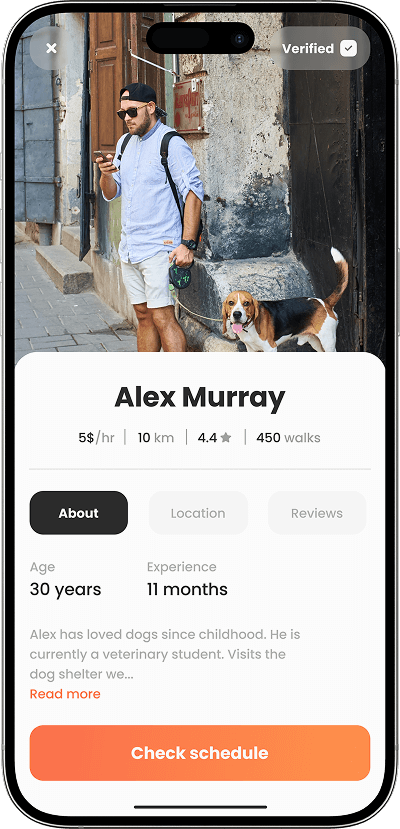 Uber for Dog Walking app dog walker detailed profile screen