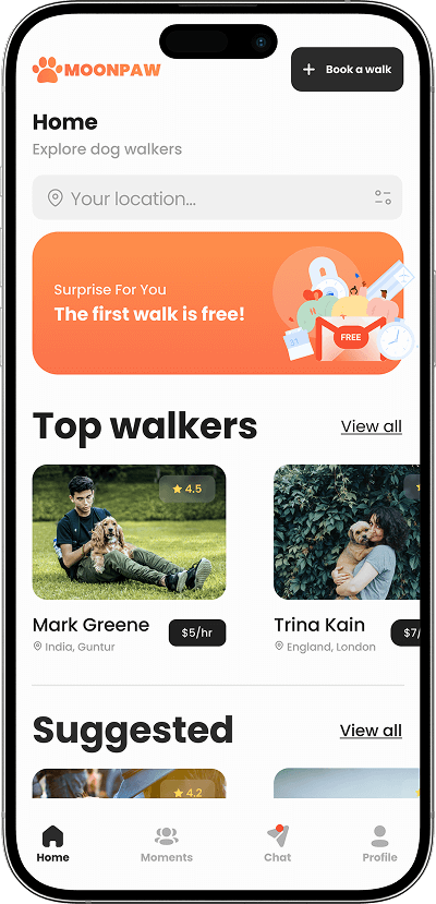 Uber for Dog Walking app homepage screen