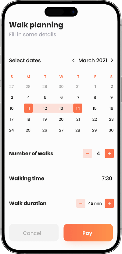 Uber for Dog Walking app walk planning calendar screen