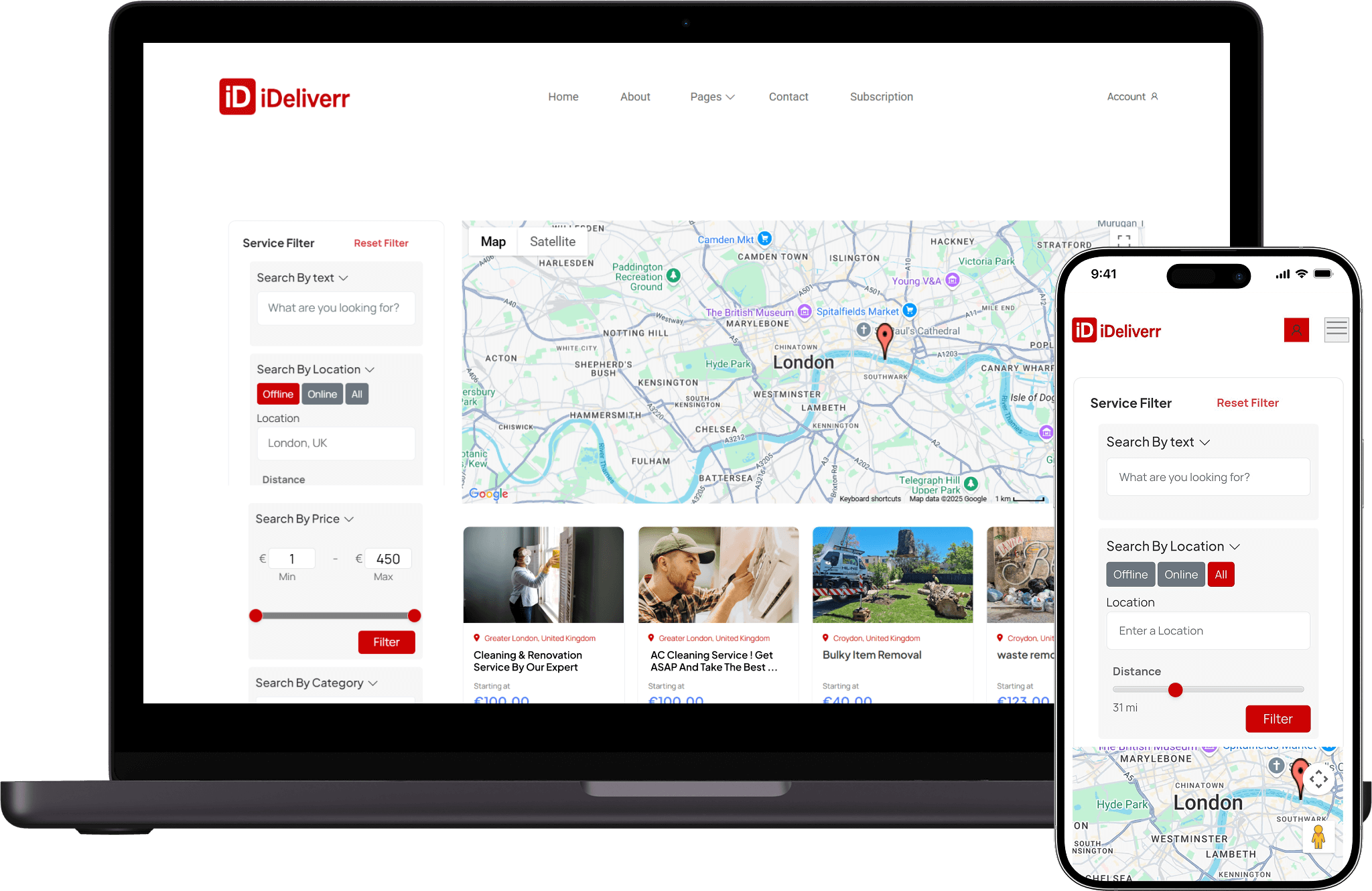 ideliverr service search filter screen