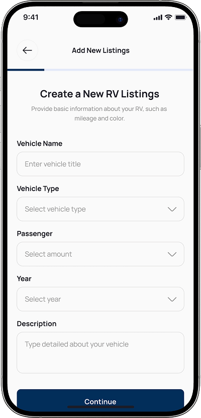 RVezy clone RV listing form screen