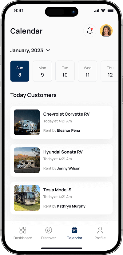 RVezy clone RV owner calendar screen