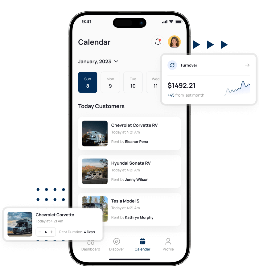 RVezy clone availability calendar and rent duration selection features
