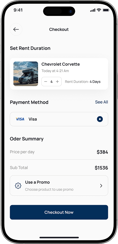RVezy clone checkout screen