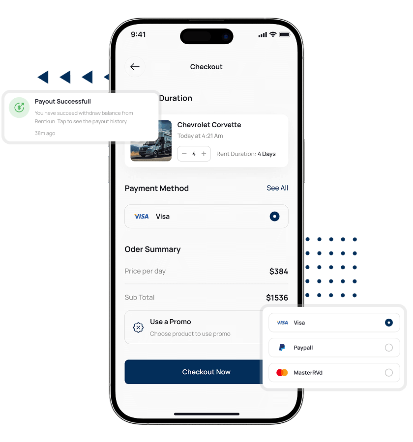 RVezy clone easy checkout and payment option features
