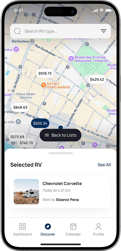 RVezy clone selected RV and map screen