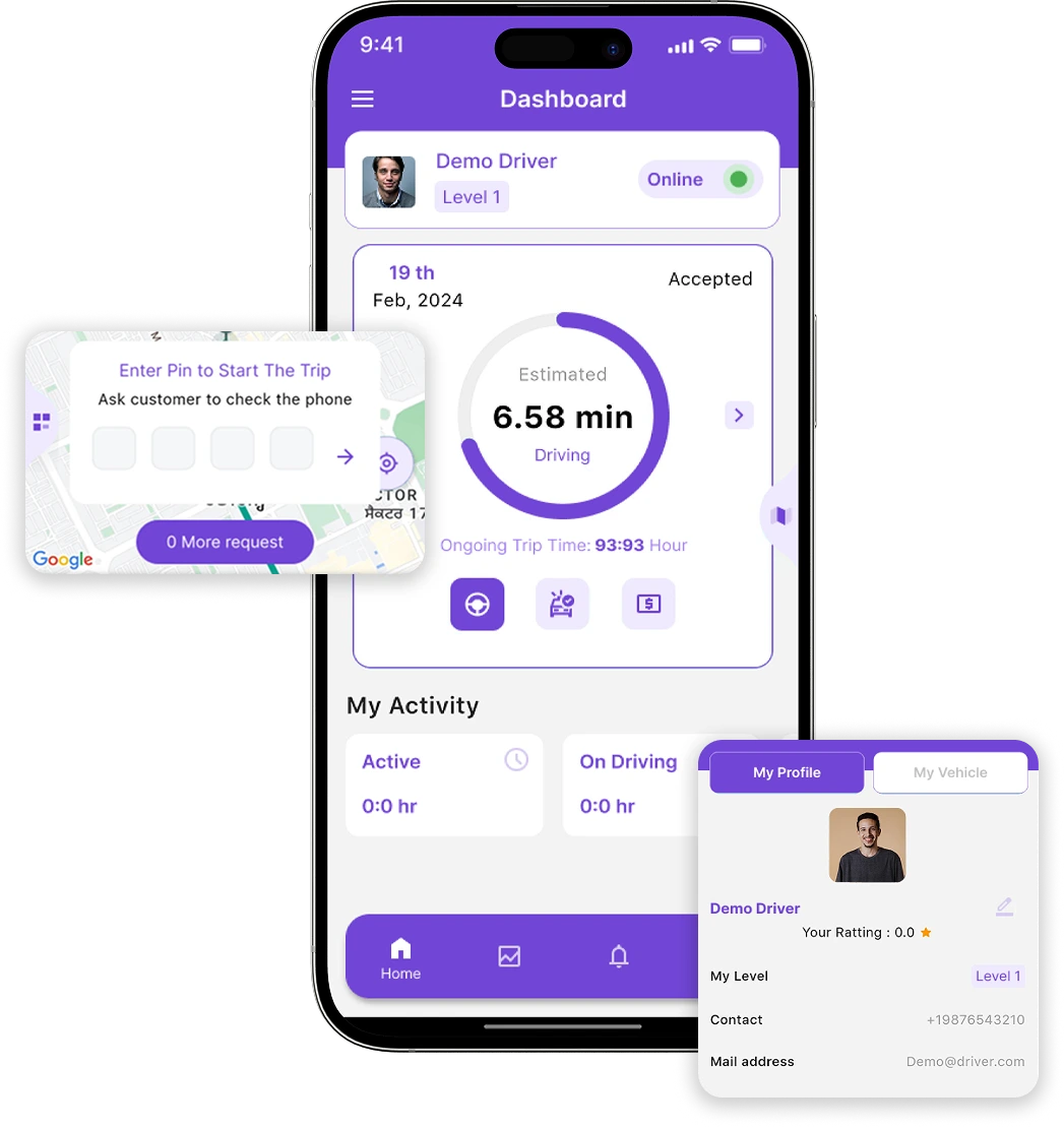 Cabify clone driver dashboard and OTP to start ride features