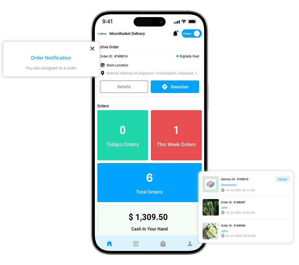 Gopuff clone driver dashboard, accepted delivery request list, and order notification features
