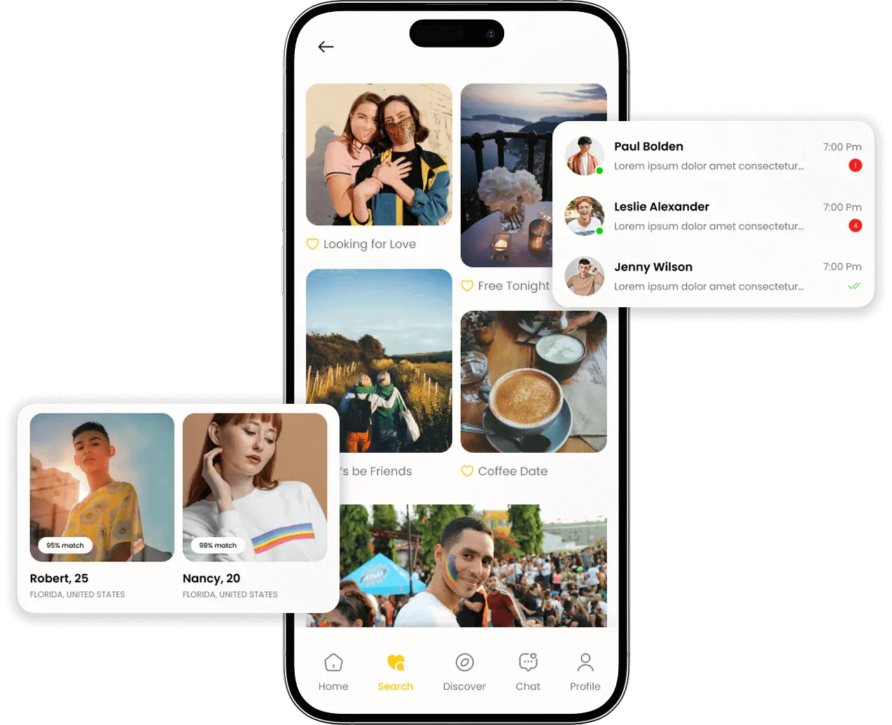 Grindr clone in app messages and search for people features