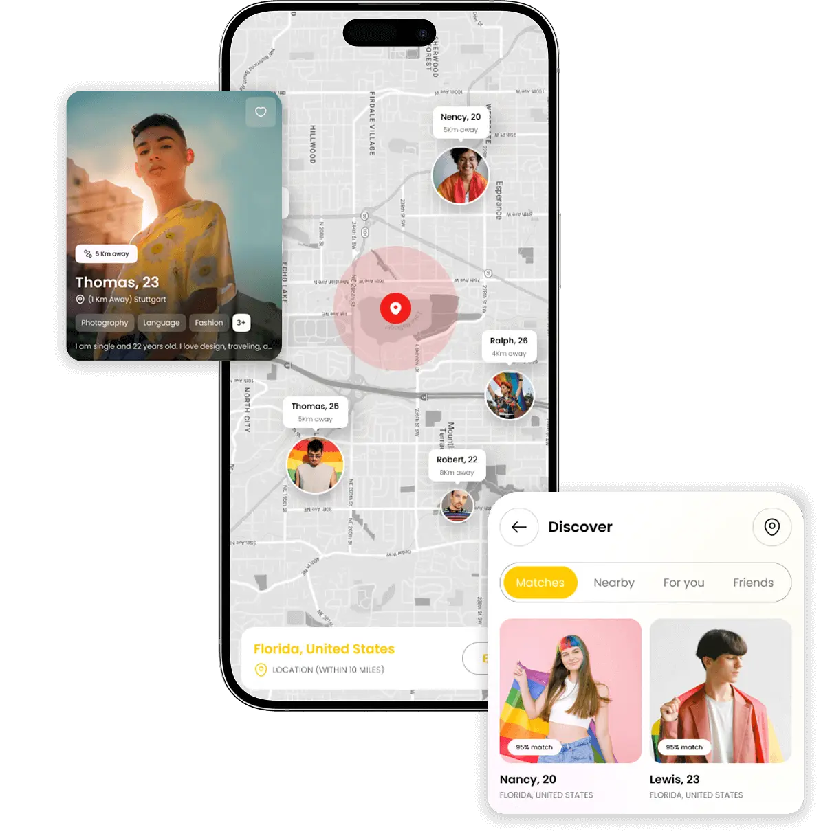 Grindr clone map, discover people and profile overview features