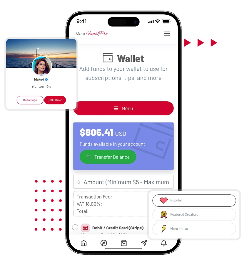creator marketplace script wallet, creator profile overview and filter creators features