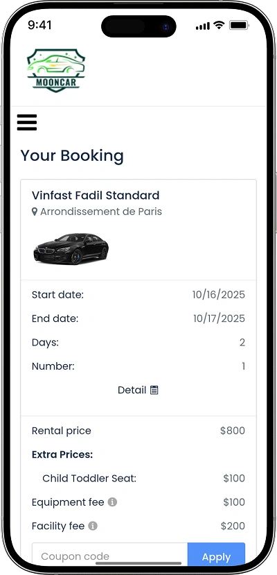 Car rental script booking details screen