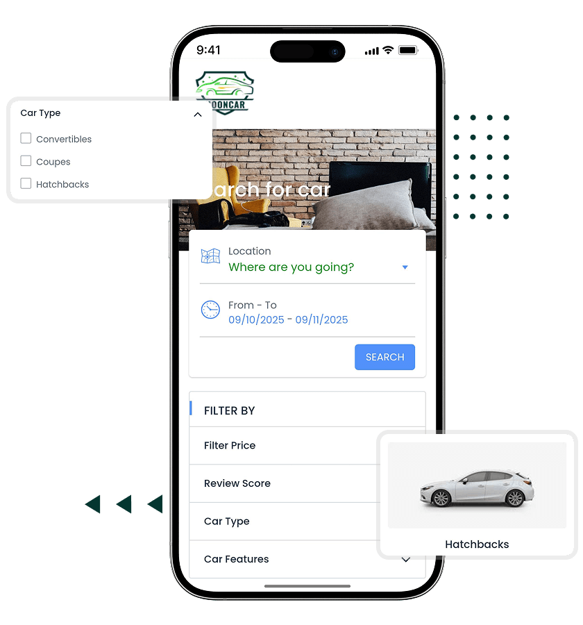 Car rental script car type, and filters features