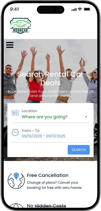 Car rental script homepage screen