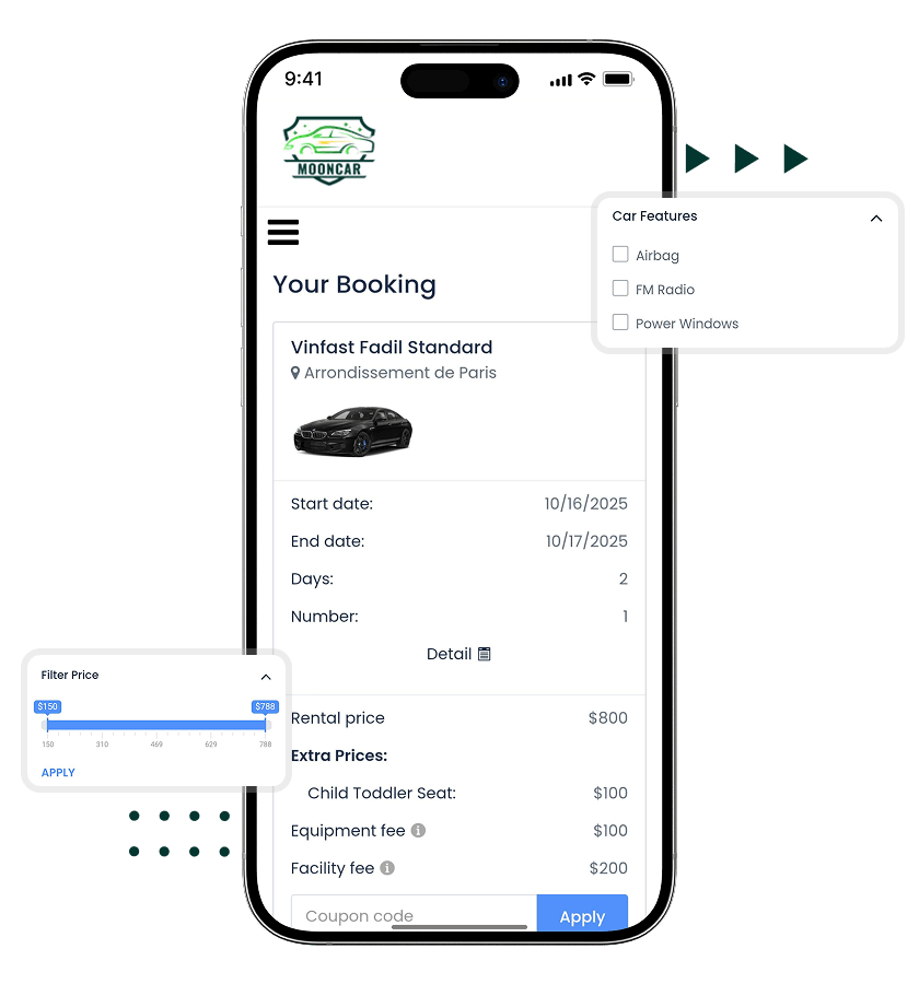 Car rental script price filters and bookings information feature