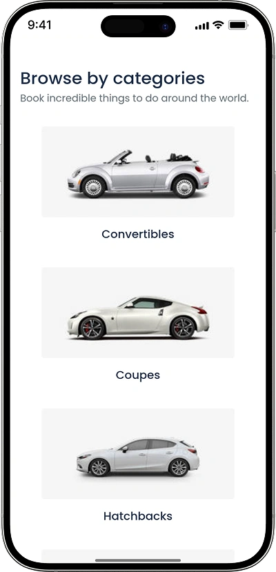 Car rental script search by categories screen
