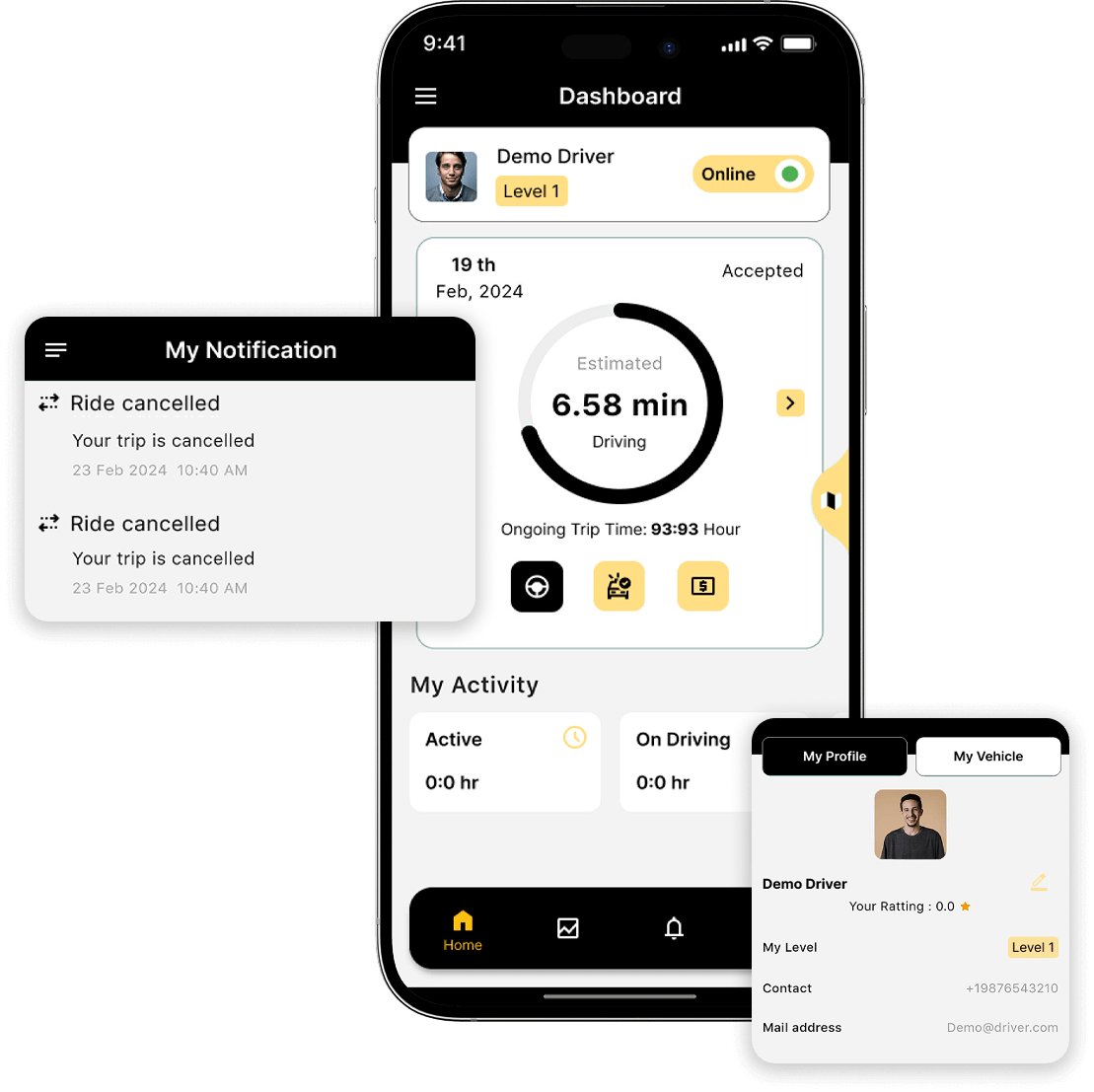 Hailo clone driver dashboard, notifications, and detailed driver profile features