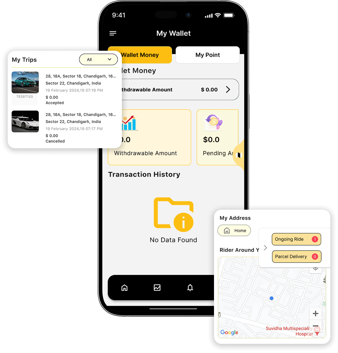 Hailo clone trip history, wallet money, my addresses features