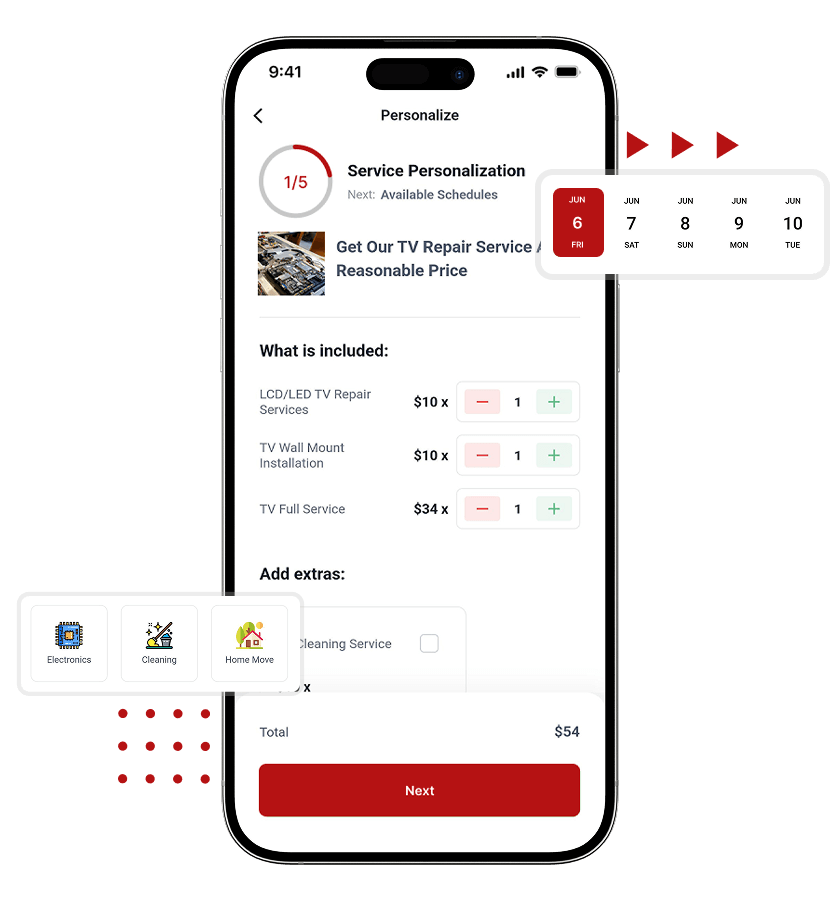 Mr Right clone service category, schedule service, and service customization features